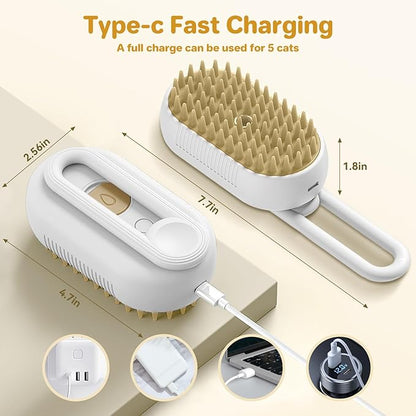 LunaSync Cat Steam Brush for Shedding, 4 in 1 Rechargeable Pet Grooming Brush for Cats and Dogs, Anti-Static Deshedding Tool with Massage &amp; Cleaning, Comb for Long Short Hair - White