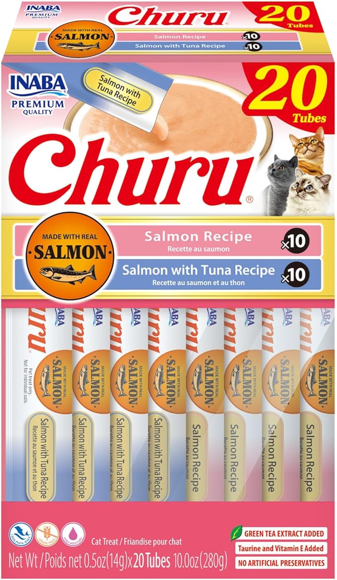 INABA Salmon Churu Cat Treats, Lickable, Squeezable Creamy Purée Cat Treat with Green Tea Extract &amp; Taurine, 0.5 Ounces Each Tube, 20 Tubes, Salmon &amp; Tuna Variety Box
