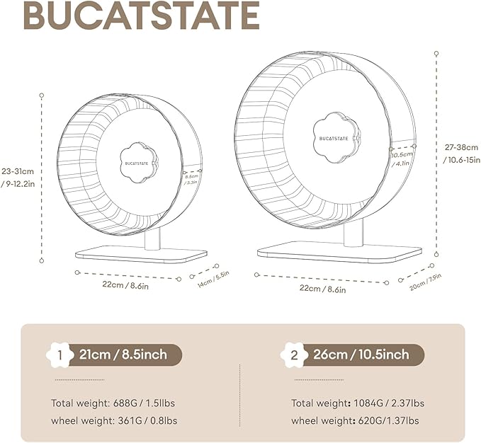 BUCATSTATE Hamster Exercise Wheel 10.2", Upgraded Super-Silent Spinner Hamster Running Wheels with Adjustable Base &amp; Rust-roof Bearing for Dwarf Syrian Hamster Gerbils Rats