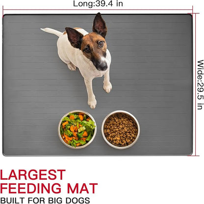 39.4"x29.5" Largest Pet Food Mat, Silicone Dog Mats for Food and Water, Nonslip Pet Feeding Mats for Floors,Dog Cat Bowl Mat with Raised Edges, Gray White