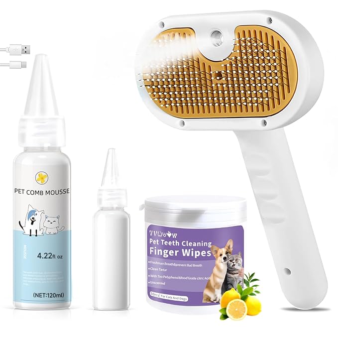 Cat Steam Brush, Pet Steam Brush for Cat &amp; Dog, Mist Spray Comb, Spritz Defur Tool, Water Grooming Kit, Dog Hair Removal Steam Cleaner with Release Button Contains 1*Shampoo, Dental Wipes