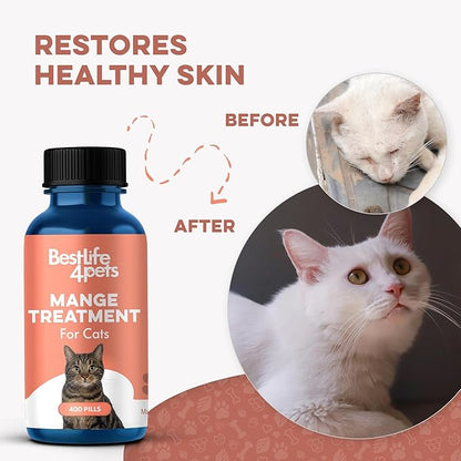 Mange Treatment for Cats, Natural Ear Mite Treatment &amp; Cat Itchy Skin Relief, Helps with Welts, Scabs, Feline Dandruff, Shedding, Excessive Grooming and General Fur and Coat Care, 400 Odorless Pills