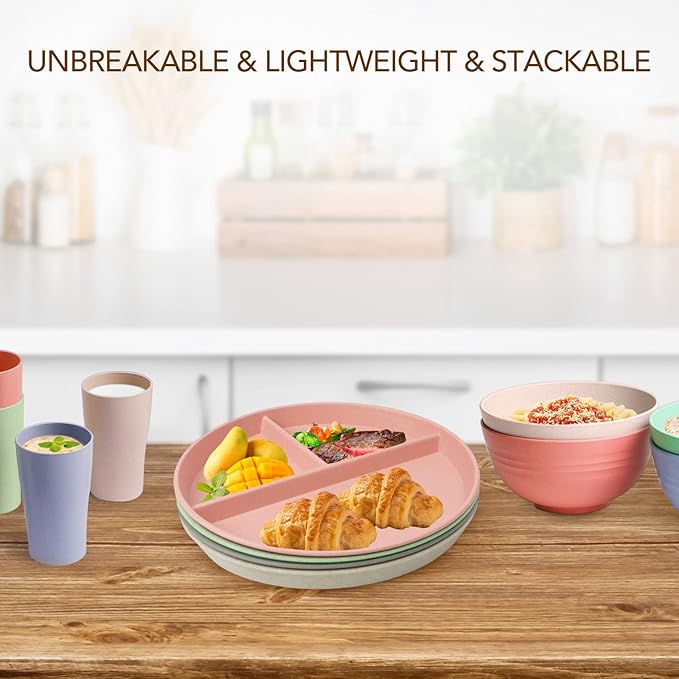 greenandlife 9 Inch (4PCS) Unbreakable Divided Plates for Kids Adults, Dishwasher &amp; Microwave Safe Compartment Plate, Lightweight Reusable Plastic Portion Control Plates, BPA Free and Healthy