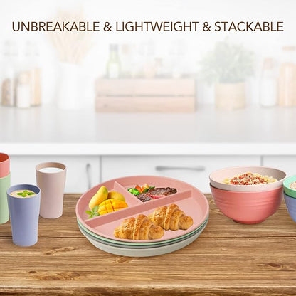 greenandlife 10 Inch 4PCS Unbreakable Portion Control Plates, Divided Plates for Kids Adults, Dishwasher &amp; Microwave Safe Compartment Plate, Lightweight Reusable Wheat Straw Plate, BPA Free