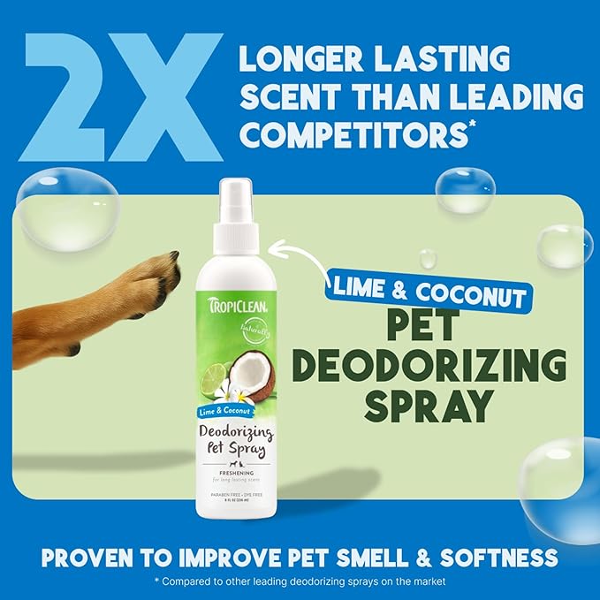 TropiClean Dog Perfume, Long Lasting Lime &amp; Coconut Cologne, Deodorizing Spray for Smelly Dogs, After Bath Detangling Spray with Vitamin E, Safe for Cats, 8oz.