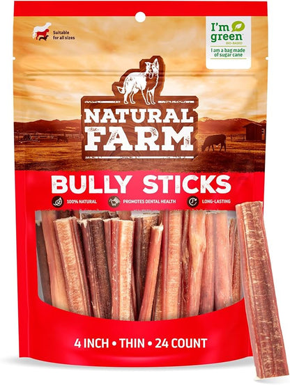 Natural Farm Odor-Free Thin Bully Sticks (4”, 24-Pack) All-Natural Long-Lasting Dog Chews, 100% Beef Pizzle, Grass-Fed, Grain-Free, Protein for Muscle Development &amp; Energy, Perfect for Small Dogs