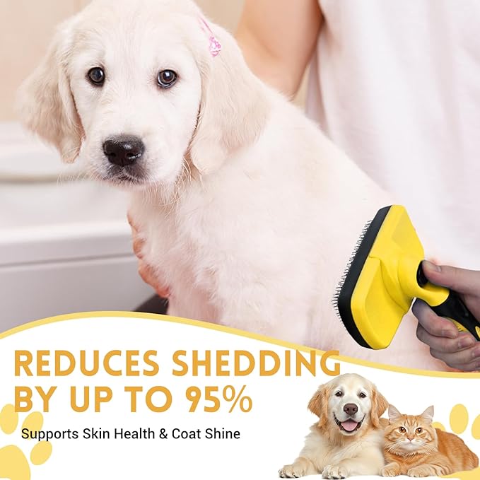 Large Self Cleaning Deshedding Brush for Dogs &amp; Cats - One Button Hair Release Grooming Tool, Gentle Massage Brush for Long and Short Hair (Yellow)