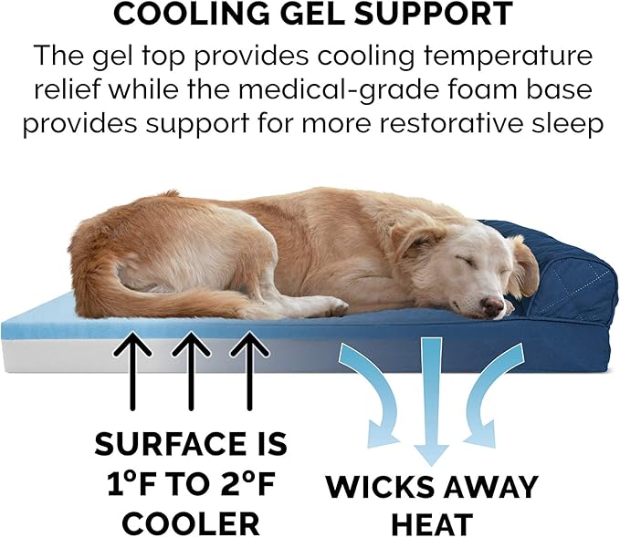 Furhaven Cooling Gel Dog Bed for Large Dogs w/ Removable Bolsters &amp; Washable Cover, For Dogs Up to 125 lbs - Quilted Sofa - Navy (Blue), Jumbo Plus/XXL