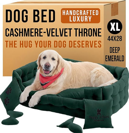 Luxury Dog Bed Chesterfield – Handcrafted Velvet Throne for Dogs | Joint Support, Calming &amp; Temp-Regulating Comfort | Durable 5+ Years, Anti-Claw, Washable 100+ Times – XL, Green