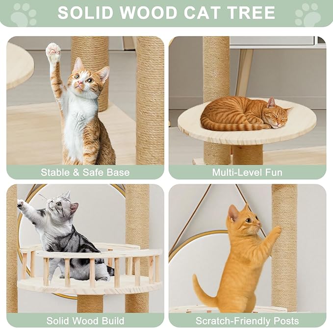 Wood Cat Tree 17” x 16”x 53” Modern Sturdy Cat Tower with Double Condos Hand-Woven Beds &amp; Toys Multilevel Huge Paws Pals Tree Indoor Cat Furniture for Big Cats