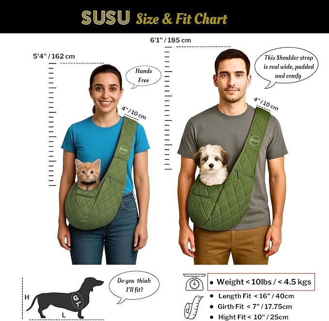 Small Dog Carrier Sling – Olive Green Hands‑Free 2‑in‑1 Sling &amp; Handheld Carrier for Dogs up to 10 lbs, Parachute‑Grade Rip‑Stop Nylon, 4″ Padded Strap, Safety Tether &amp; Pockets
