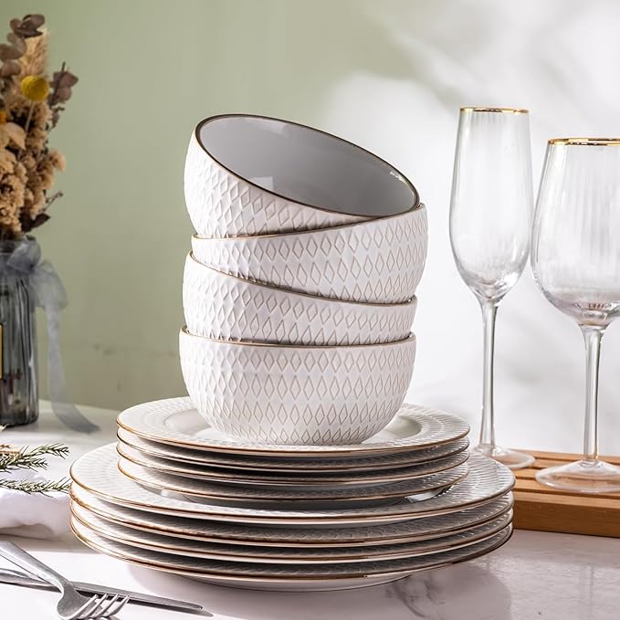 GBHOME Ceramic Dinnerware Sets,18 pcs Embossed Elegant Stoneware Plates and Bowls Sets, Housewarming Wedding Gift | Dishwasher &amp; Microwave Safe | Dishes Set Service for 6