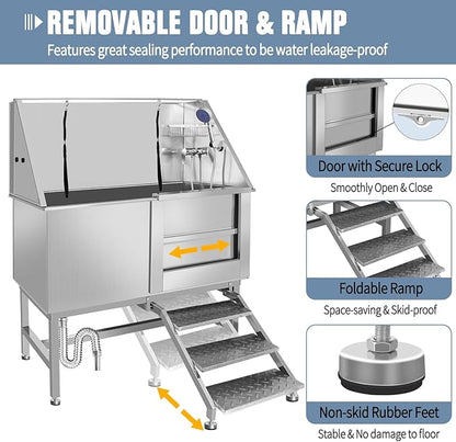 50" Dog Washing Station, Professional Stainless Steel Dog Bathing Station, Equipped/W Three Anti-Slip Steps, Removable Door, Upgraded Spray Nozzle&amp;Hose - for Home, Pet Grooming Salon (50" Right ramp)