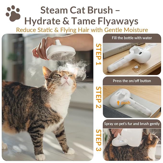 Pet Steam Brush, Self Cleaning Brush with Mist Spray, Deshedding Tool for Dogs &amp; Cats, Pet Hair, Tangle-Free Grooming Brush for Long/Short Haired Pets