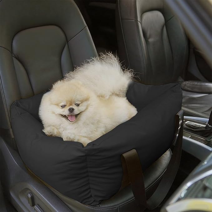 Dog Car Seat for Small Dogs, Large Leather Dog Car Bed with Storage Pocket, Waterproof PVC Leather Booster Seat Travel Bed for Front &amp; Back Seat, Clip-On Safety Leash (Black)