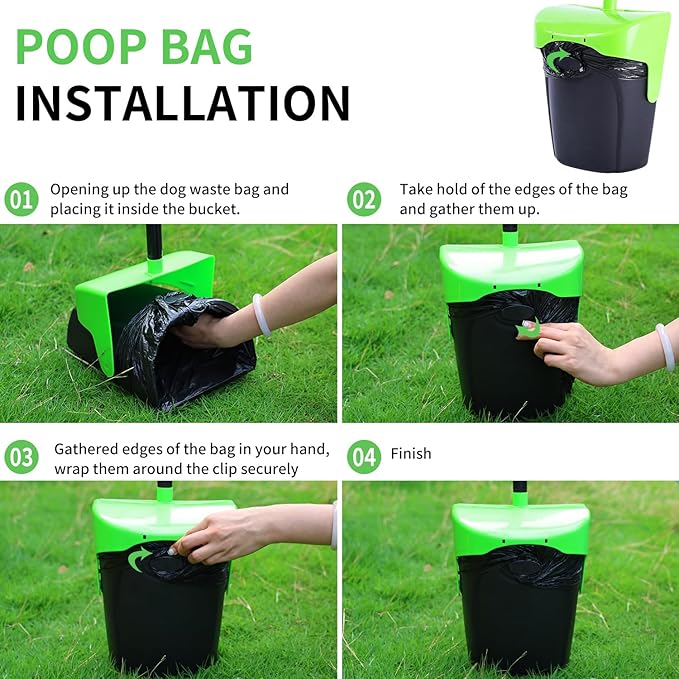 Pooper Scooper Large Swivel Bin &amp; Rake with 160 Waste Bags,Heavy Duty Dog Pooper Scooper with Bag Attachment for Large Small Dogs, Long Handle Poop Scooper with Lid for Yard, Grass, Gravel (Green)