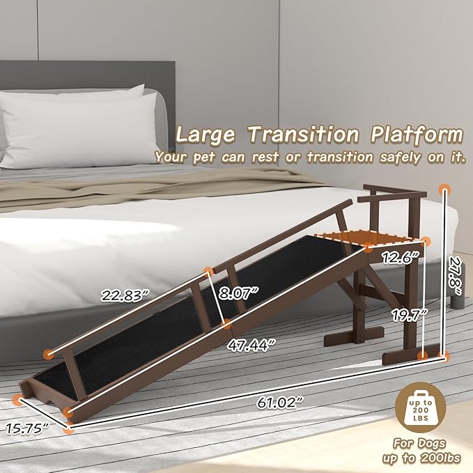 61" Dog Ramp for Bed, Pet Ramp with Removable Side Rail and Non-Slip Surface, Pet Ramp for Small &amp; Large &amp; Senior Dogs with Rest Platform and DIY Glow Strips,Dog Stairs for Couch, Brown