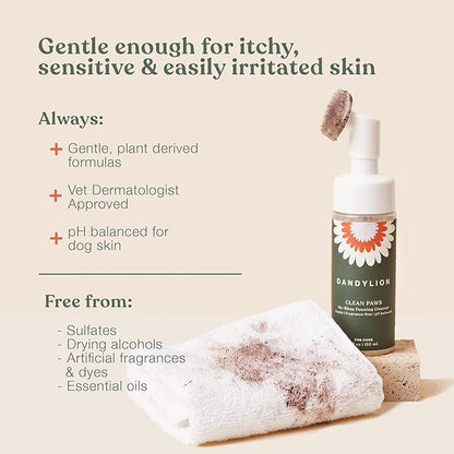 Dandylion Clean Paws | No-Rinse Dog Paw Cleaner &amp; Puppy Paw Washer | Gentle, Fragrance-Free, pH Balanced Foaming Cleanser with Silicone Bristle Brush | Safe for All Dogs | 5 fl oz
