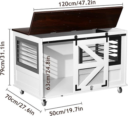 47 inch XL Dog Crate Furniture with Top-Access Teasing/Feeding Doors, Farmhouse Wooden Decorative Dog Crates with Wheels, Chew-Resistant Dog Crates End Table for Medium&amp;Large Dogs, White