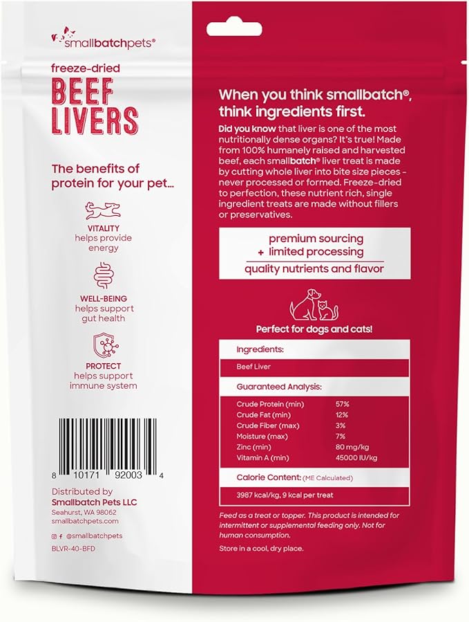smallbatch Freeze Dried Dog Treats, Beef Liver Treats for Dogs &amp; Cats, High Protein, Single Ingredient Dog Treat for Training or Food Topper, Natural, Humanely Sourced Meat, Made in The USA, 4 oz