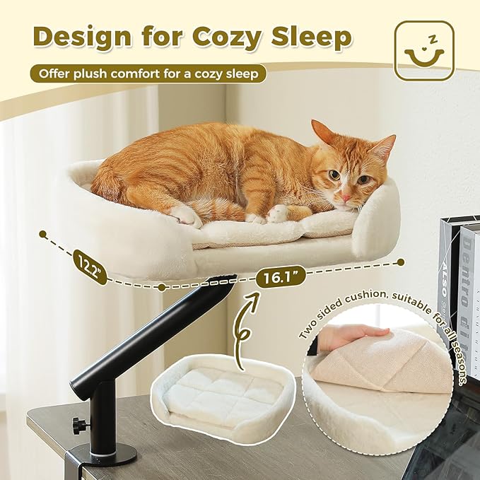 PAWZ Road Cat Desk Bed for Indoor Cats, Cat Bed for Desk Supports Up to 50 lbs, 360° Rotation &amp; Adjustable, Nest Desktop Attachment Cats Hammock for Table, White