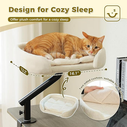 PAWZ Road Cat Desk Bed for Indoor Cats, Cat Bed for Desk Supports Up to 50 lbs, 360° Rotation &amp; Adjustable, Nest Desktop Attachment Cats Hammock for Table, White