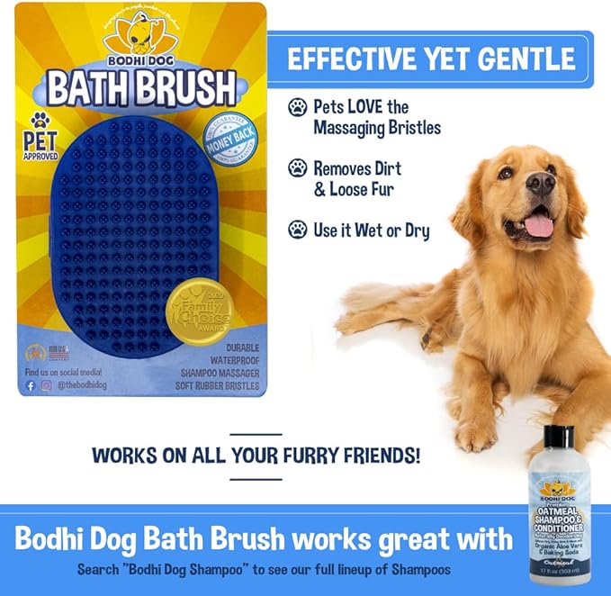 Bodhi Dog Stainless Steel Comb &amp; Shampoo Brush - Bath &amp; Shower Supplies for Dogs &amp; Cats - Removes Shedding, Mats &amp; Tangles - Pet Grooming Scrubber Bundle (Blue)