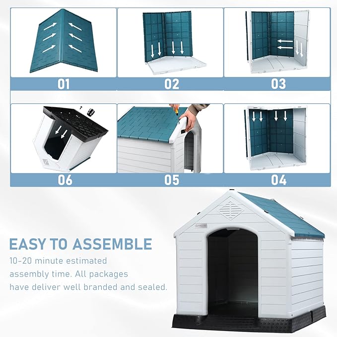 LEMBERI Durable Waterproof Plastic Dog House for Small to Large Sized Dogs, Indoor Outdoor Doghouse Insulated Puppy Shelter with Elevated Floor, Easy to Assemble (Blue, 34&