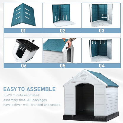 LEMBERI Durable Waterproof Plastic Dog House for Small to Large Sized Dogs, Indoor Outdoor Doghouse Insulated Puppy Shelter with Elevated Floor, Easy to Assemble (Blue, 34&