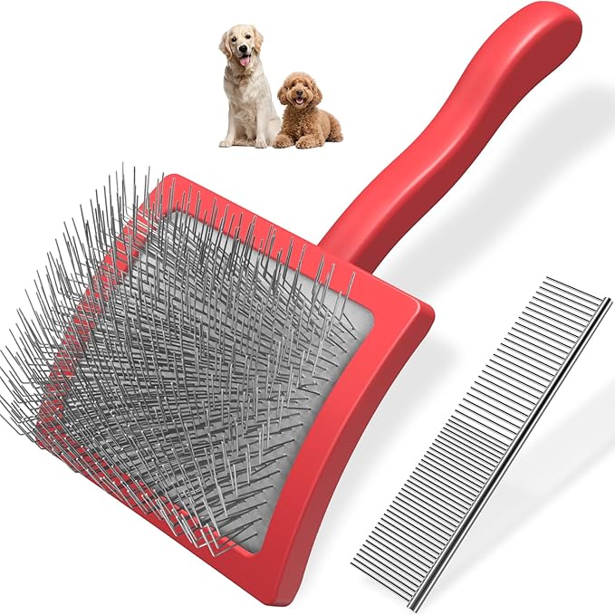 2PCS Slicker Brush for Dogs &amp; Pet Comb,Professional Dog Grooming Brush (Goldendoodles,Poodles,Labradoodles) with Extra Long Pins to Effectively Remove Tangles, Knots and Mats (Red)