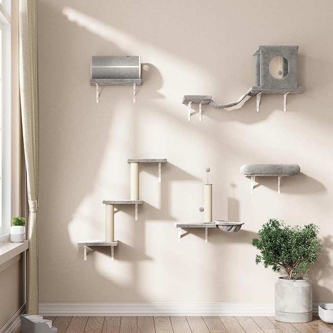 NUNU LAB Wall Mounted Cat Furniture, 7 Pcs Cat Wall Shelves with House, Tunnel, Bridge, Steps, Scratcher, Hammock, Bed, Indoor Safe &amp; Stable Furniture for Kittens Play, Gray