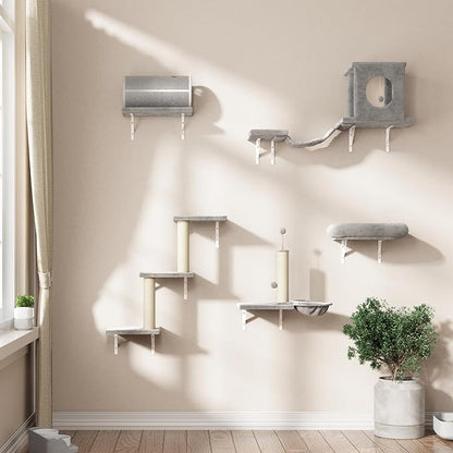 NUNU LAB Wall Mounted Cat Furniture, 7 Pcs Cat Wall Shelves with House, Tunnel, Bridge, Steps, Scratcher, Hammock, Bed, Indoor Safe &amp; Stable Furniture for Kittens Play, Gray