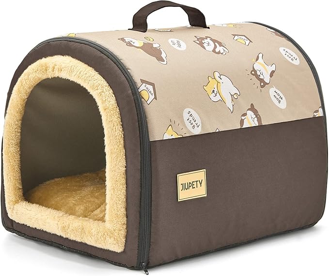 Jiupety Indoor Dog House, 2 in 1 Portable Foldable House Bed with Cover, Pet Tent &amp; Cave Bed for Cats and Small Dogs, M(18"×14"×13"), Up to 9 Lb, Brown