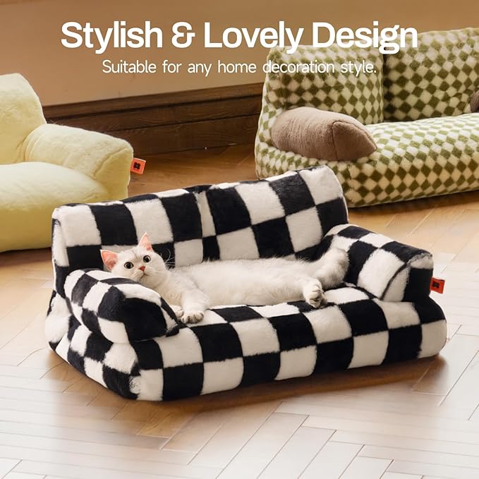 MEWOOFUN Cat Bed for Indoor Cats, Washable Dog Beds for Small Medium Dogs &amp; Cats, Fluffy Cat Couch with Non-Slip Bottom (Black&amp;White, 26.0" L x 19.0" W x 13.0" Th)