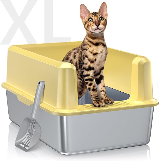 Stainless Steel Litter Box with High Side, XXL Extra Large Cat Litter Box for Big Cats &amp; Multiple Cats, Non-Sticky, No Urine Leakage, Easy Clean Cat Litter Pan Include Scoop