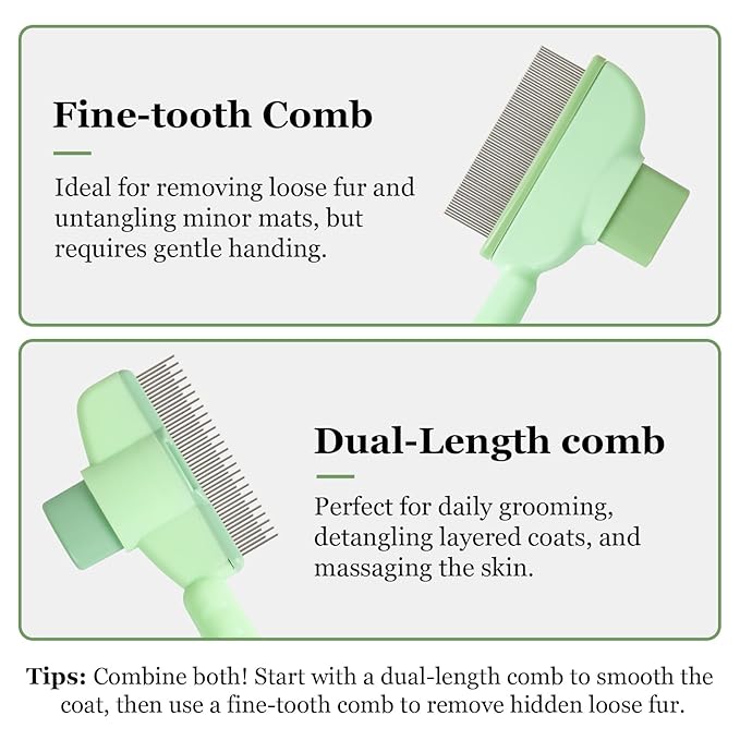 Pet Comb for Cats &amp; Dogs, One-Touch Hair Release Button, Dense-Tooth &amp; Mixed-Length Teeth 2-Piece Set, for Long &amp; Short Hair, Gentle Pain-Free Design (Green)