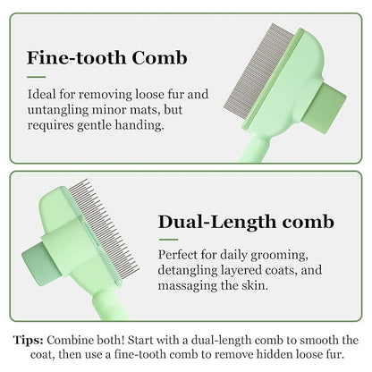Pet Comb for Cats &amp; Dogs, One-Touch Hair Release Button, Dense-Tooth &amp; Mixed-Length Teeth 2-Piece Set, for Long &amp; Short Hair, Gentle Pain-Free Design (Green)