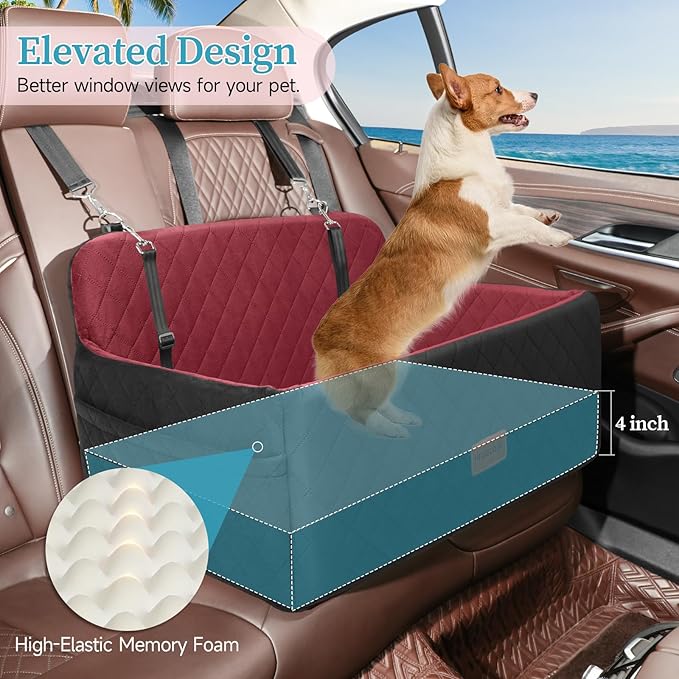 Dog Car Seat for Medium/Large Dogs, Pet Booster Seat for Under 55 lbs or 2 Small Dogs, Detachable &amp; Washable Dog Car Bed for Backseat with 2 Safety Leashes (Blcak/red)