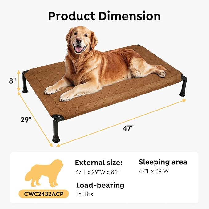 Veehoo Soft Plush Elevated Dog Bed, Raised Dog Beds with Heavy Duty Frame, Non-Slip Silicon Feet, Washable &amp; Breathable Pet Cot for Indoor or Outdoor Use, 47" x 29", Brown, CWC2432A