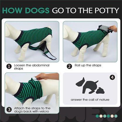 FUAMEY Recovery Suit for Dogs After Surgery,Soft Breathable Dog Bodysuit E-Collar &amp; Cone Alternative Surgical Suit,Male Female Dog Neuter Spay Suits Anti Licking Wounds Onesie Green Black Stripes XS