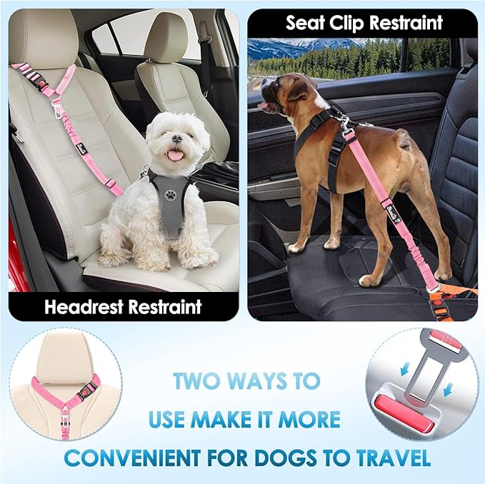 Lukovee Dog Seatbelt Leash for Cars, 2 Pack Pet Safety Seat Belt with Adjustable Buckle &amp; Reflective Bungee, Connect Dog Harness in Vehicle Dogs Restraint Travel Daily Use (Pink)