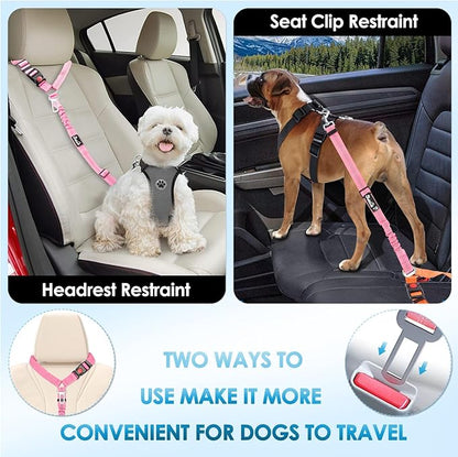 Lukovee Dog Seatbelt Leash for Cars, 2 Pack Pet Safety Seat Belt with Adjustable Buckle &amp; Reflective Bungee, Connect Dog Harness in Vehicle Dogs Restraint Travel Daily Use (Pink)
