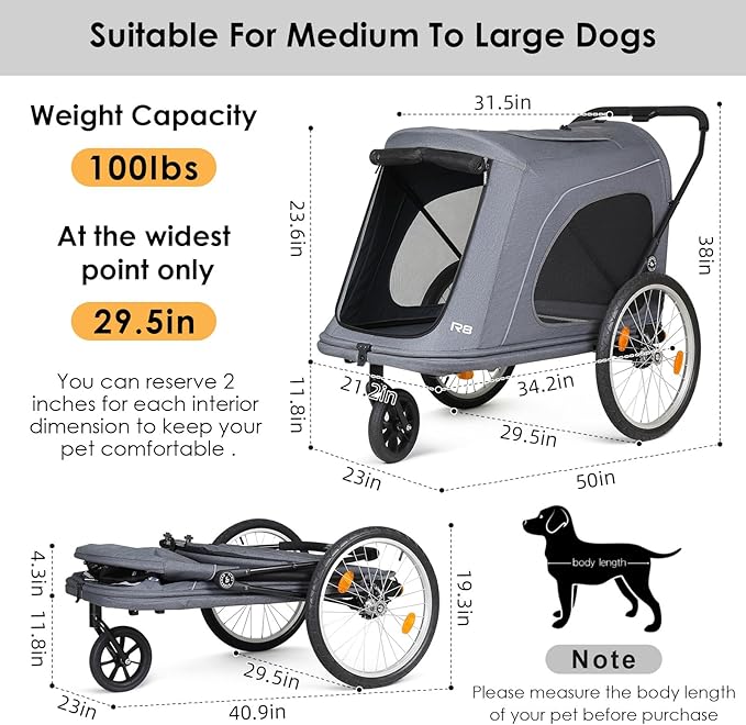 R8 Extra Large Foldable Pet Stroller, Dog Stroller &amp; Pet Trailer for Large Dogs Under 100 lbs, Unmovable, Disabled &amp; Pregnant Dogs - Conveniently Carriable by Bike and Car, Grey