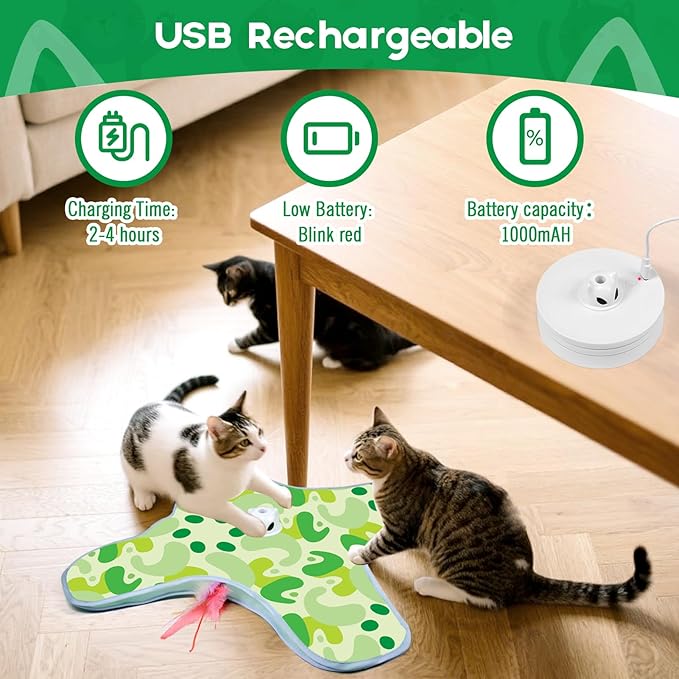 VIWIK Interactive Cat Toys for Indoor Cats, Hide and Seek Moving Feather Toy for Bored Adult Cats with Suction Cup &amp; Cover, Automatic Kitten Wand Toy, Cat Enrichment Toys for All Breeds Green