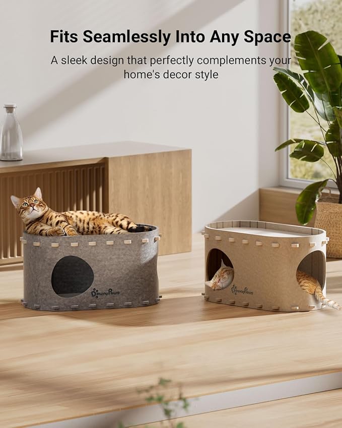 DownyPaws Cat House for Indoor Cats, Cat Bed Cave for Multiple &amp; Large Cats Up to 22 Lbs, Scratch Resistant, Foldable Peekaboo Kitten Caves Tunnel Enclosed Bed, PeekaPurr, Light Gray
