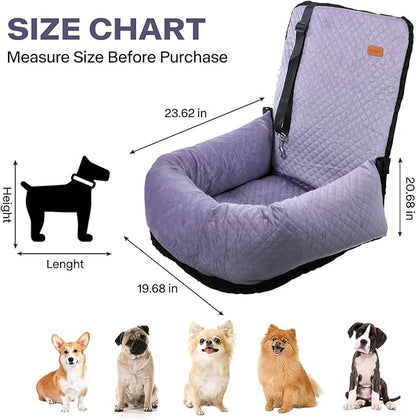 Dog Car Seat for Small Medium Dogs Up to 40lbs, Detachable Washable Soft Pet Booster Travel Bed for Front &amp; Purple Seat with Safety Leash Belt