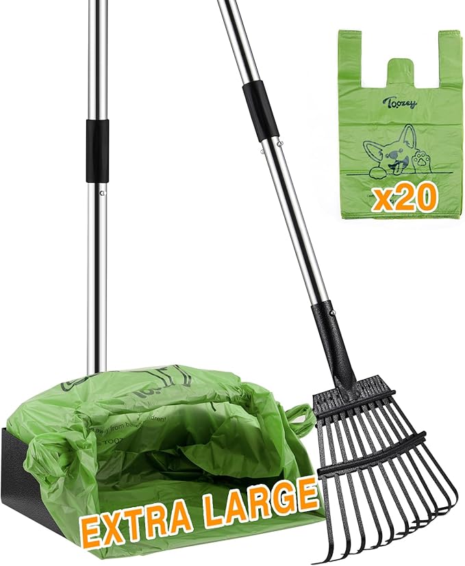 Toozey Unbreakable Dog Pooper Scooper with Extra Large Stainless Metal Poop Tray &amp; 43.31" Long Handle Rake Scoop, Easy Waste Cleanup for Large, Medium, Small Dogs with 20 Bags