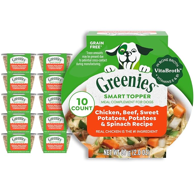 Greenies Smart Topper High Protein Wet Mix-in for Dogs, Chicken, Beef, Sweet Potatoes, Potatoes &amp; Spinach Recipe in Vitabroth Broth- Bone Broth + Vitamins E &amp; B1, 10 Count