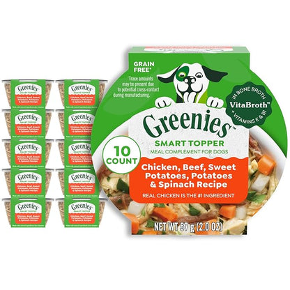 Greenies Smart Topper High Protein Wet Mix-in for Dogs, Chicken, Beef, Sweet Potatoes, Potatoes &amp; Spinach Recipe in Vitabroth Broth- Bone Broth + Vitamins E &amp; B1, 10 Count