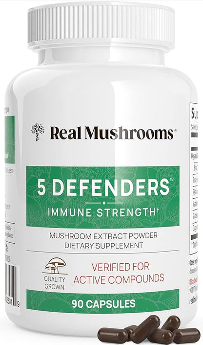 Real Mushrooms 5 Defenders - Adaptogenic Mushrooms Complex with Chaga, Reishi, Turkey Tail, Maitake &amp; Shiitake for Wellness Support - Mushroom Beta Glucan Capsules - 90 Count